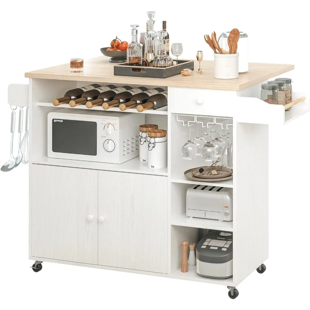 

IRONCK Rolling Kitchen Island Cart with Drop-Leaf and Wine Rack, Microwave Rack Serving Cart on Wheels with Drawer & Shelves & S