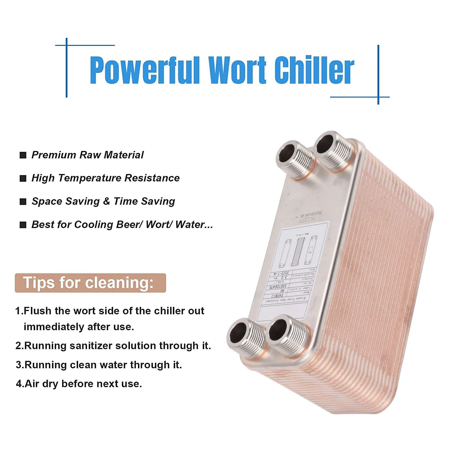 40 Plates Heat Exchanger Chiller Stainless Steel Homebrew Brewing Beer Cooler Kitchen Bar Accessories