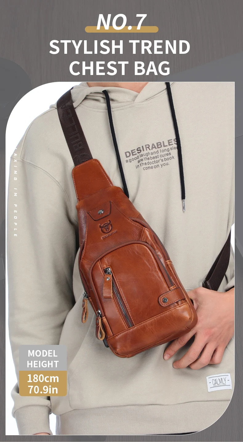 BULLCAPTAIN Retro-Brusttasche aus echtem Leder, Umhängetasche aus Rindsleder für Herren, Umhängetasche mit großem Fassungsvermögen ﻿ – Detail 8