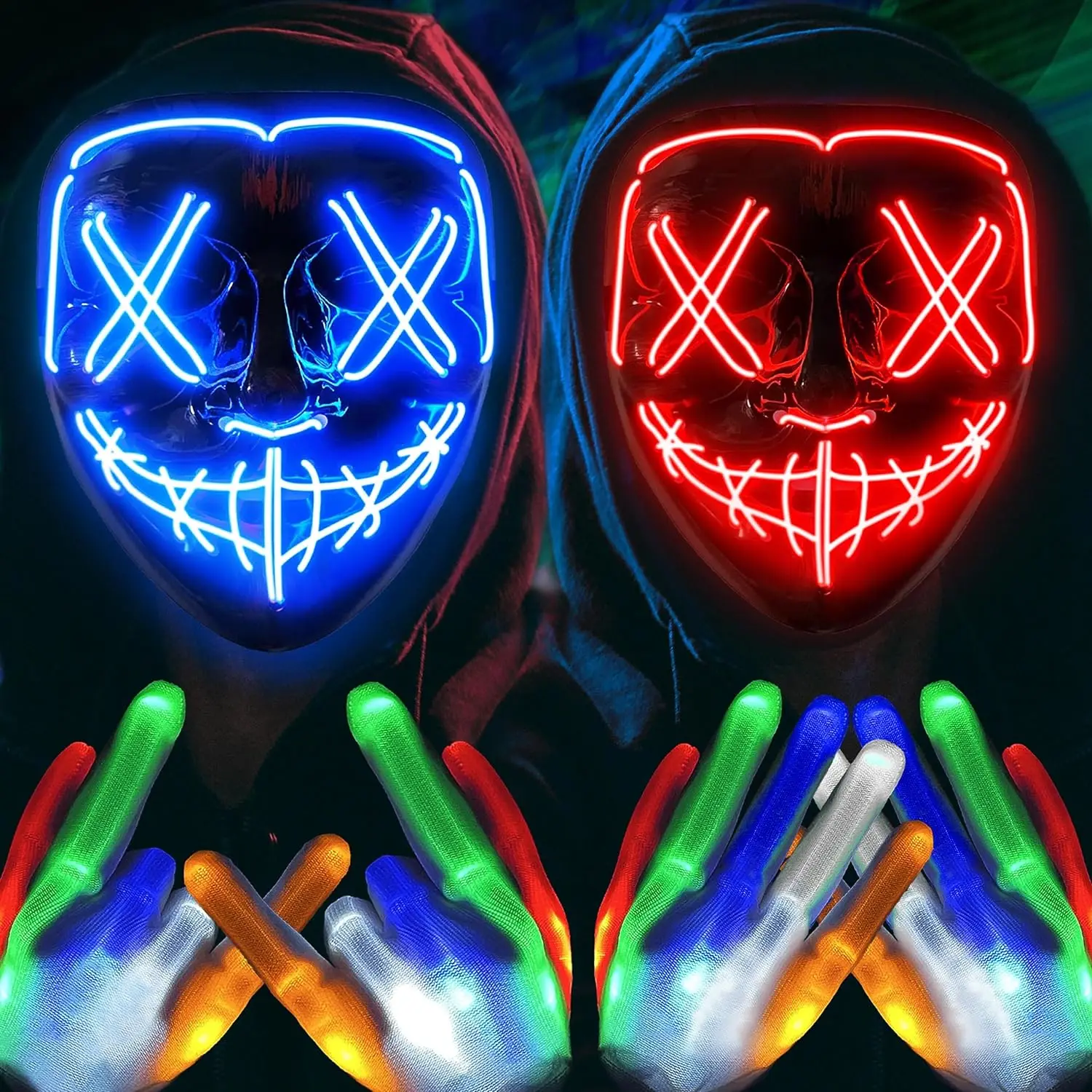 Cosplay Gloves Halloween LED Luminous Gloves Light Up Scary Mask and Colorful Glove for Cool Teen Halloween Costumes Haunted House Horror Props