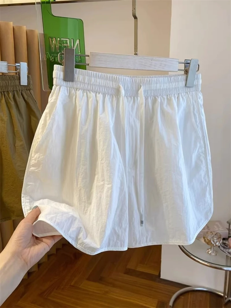 아이스 실크 빠른 건조 스포츠 반바지 여성 여름 얇은 높은 허리 슬리밍 작은 단어 커버 Drawstring 넓은 다리 핫 팬츠
