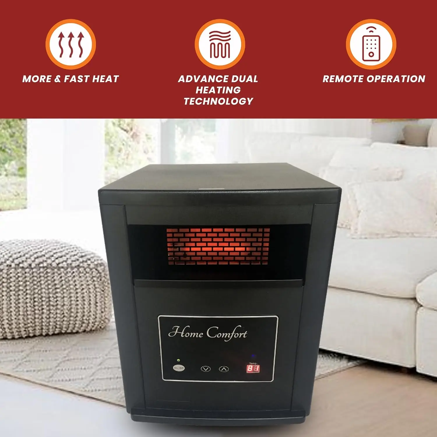 1500w Infrared Heater-Energy Efficient Space Heater for Year-Round Indoor Warmth, With Thermostat and Remote Control, Portable