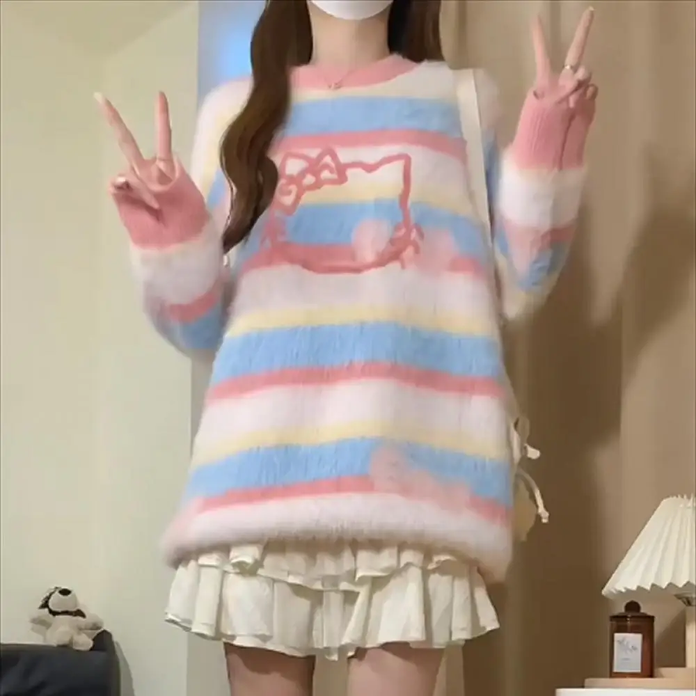 

Sanrio Hello Kitty Autumn Winter Sweater Women's Loose Long Sleeve Sweet Top Cartoon Animation Casual Warm Knitted Sweaters Set