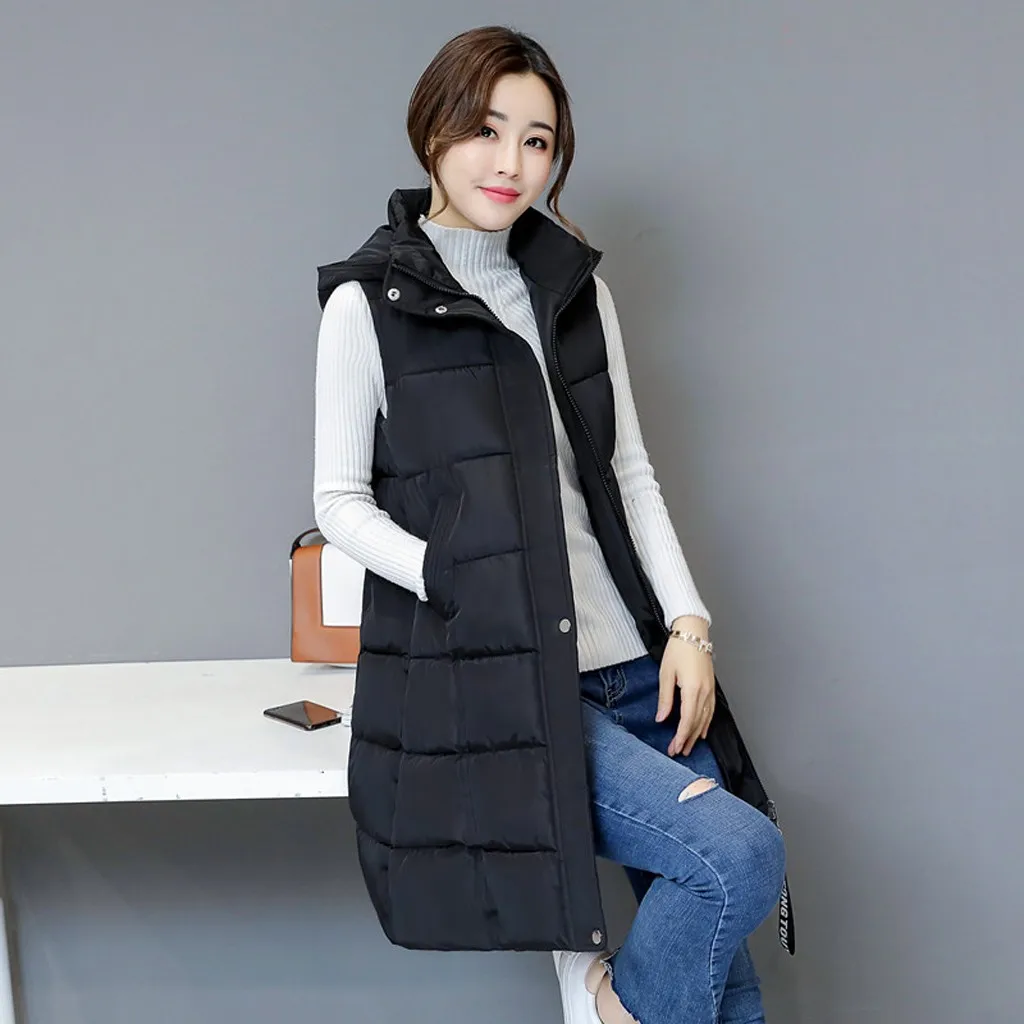 long puffa coat Winter Women Long Vests Fashion Hooded Sleeveless Casual Lady Brief Outwear Vest Blouse Shirts Coat Femme Sweatshirt #t2g black parka Coats & Jackets