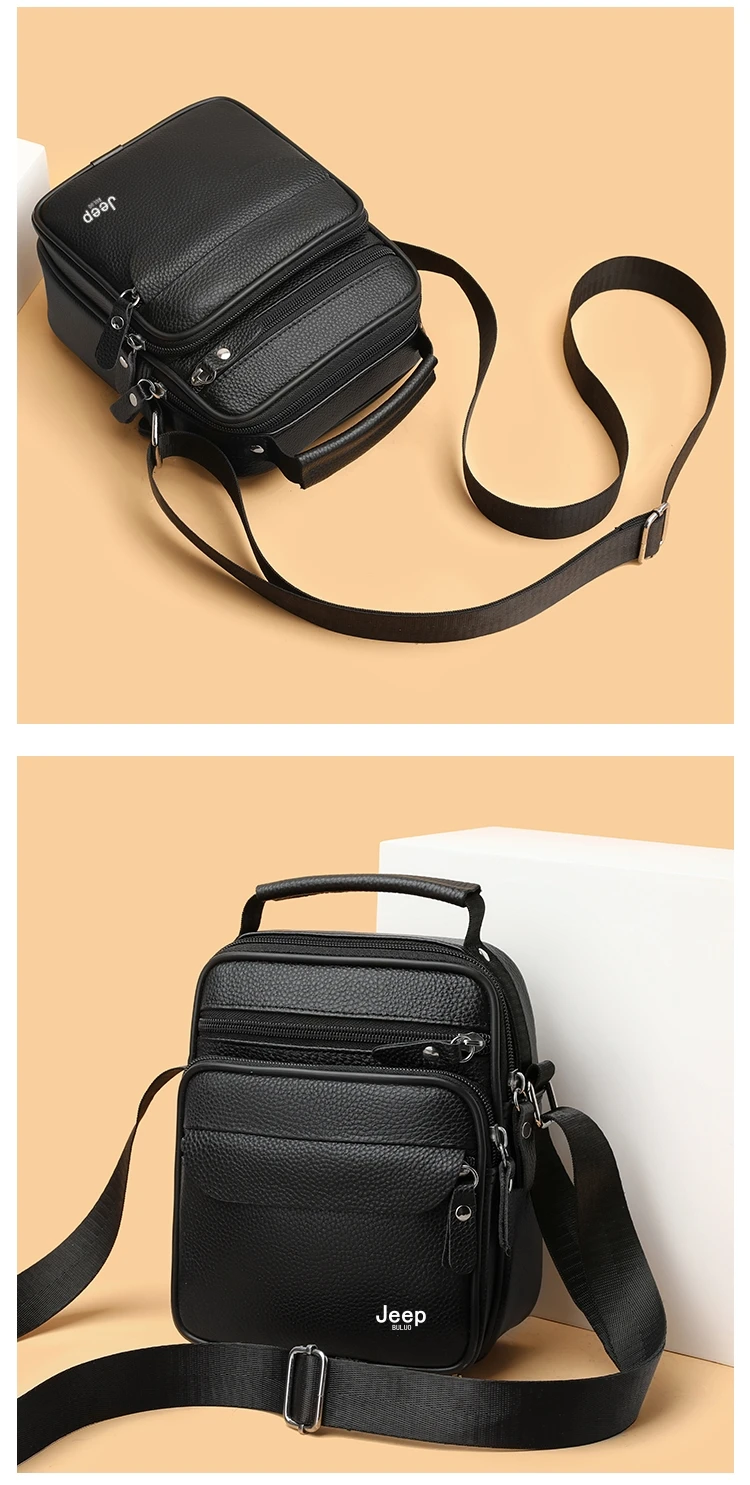 JEEP BULUO Brand Genuine Leather Men Shoulder Bags Black High Quality Male Cow Leather Crossbody Tote Handbags Business Fashion