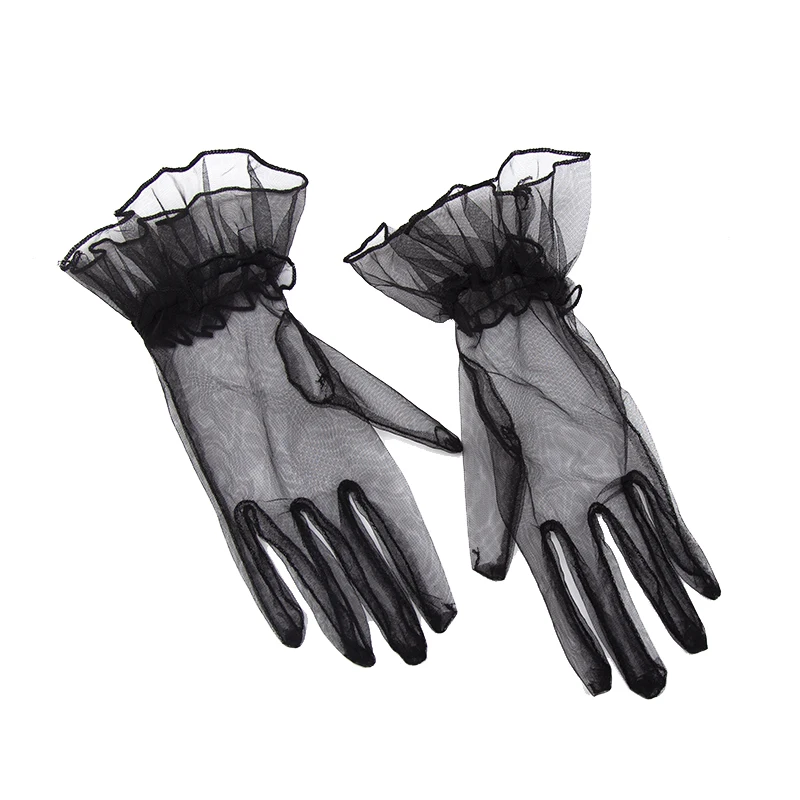 Women Black Lace Gloves Ultra Thin Gloves Tulle Wedding Bride Dress Driving Mittens Sheer Transparent Sunscreen Vintage Glove