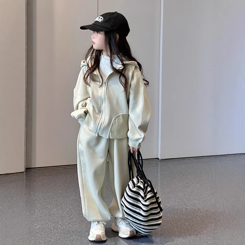 2026년 봄 십대 의류 아동복 세트 루즈핏 터틀넥 스웨트셔츠 후드 + 발목 묶는..