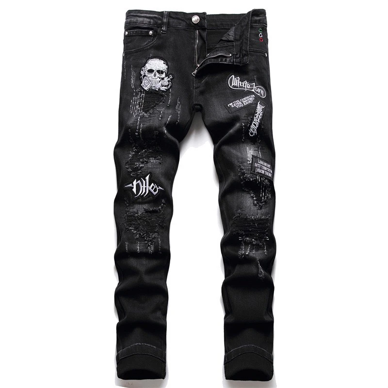 

EH · MD Skull Embroidery Black Jeans Men's Holes Scraped 3D Micro Chapter Stitching Worn Soft Casual Cotton Trend High Elastic 2