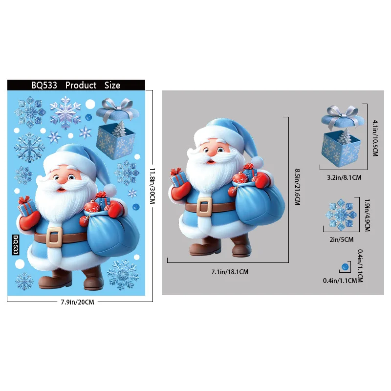 Christmas Decorative Stickers Cartoon Santa Snowmen Bells Static Window Glass Stickers for Holiday Party Decor