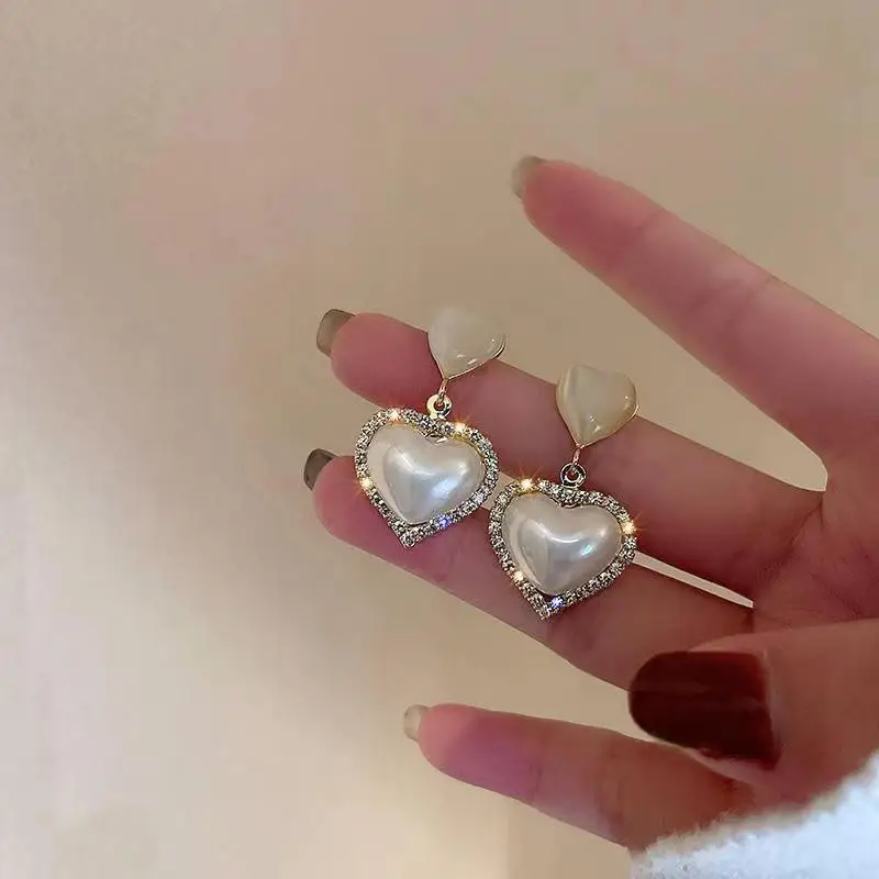 

2022 fashion trend heart pendant pearl earrings for women high end luxury rhinestone zircon earrings wedding engagement jewelry
