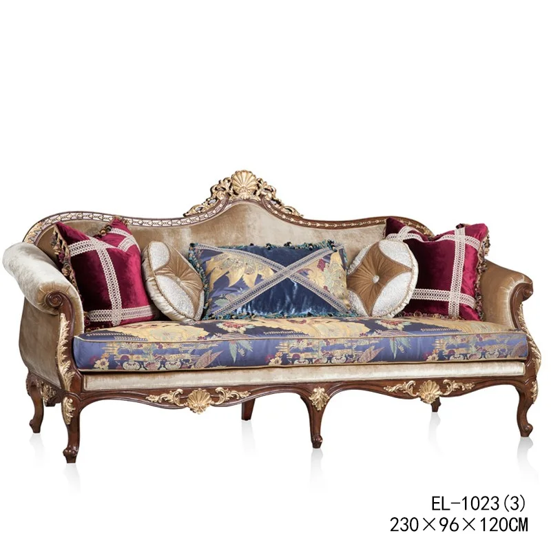 

French luxury palace villa living room all solid wood imported cloth treasure blue retro pattern three seat sofa