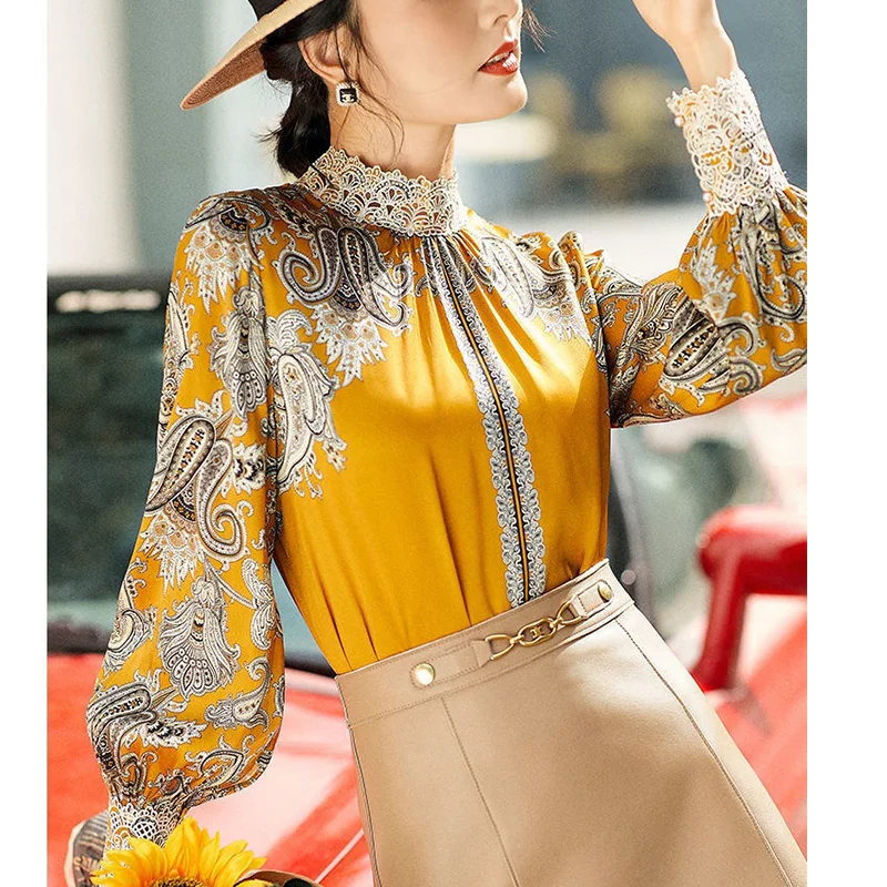 Spring Autumn Half High Collar Vintage Print Embroidery Lace Patchwork Shirt Ladies Elegant All-match Pullover Top Women Blouse