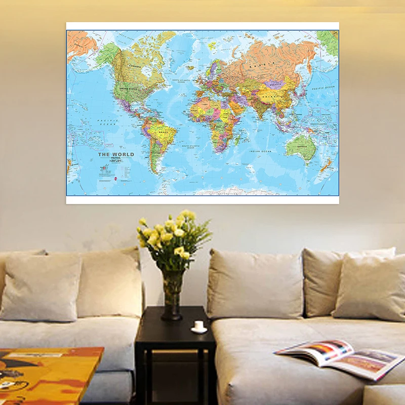 

225*150cm The World Political Map Wall Art Poster Canvas Painting Non-woven Fabric Classroom Home Decor Children School Supplies