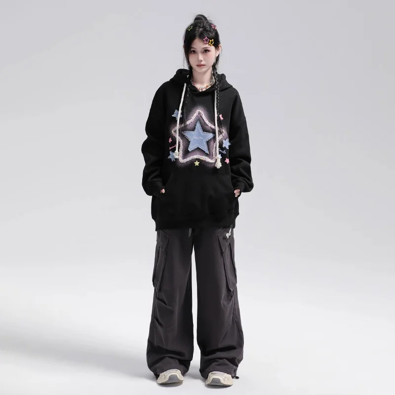 Sudadera con capucha mujer bordado estrella estilo retro americano_voghion.com