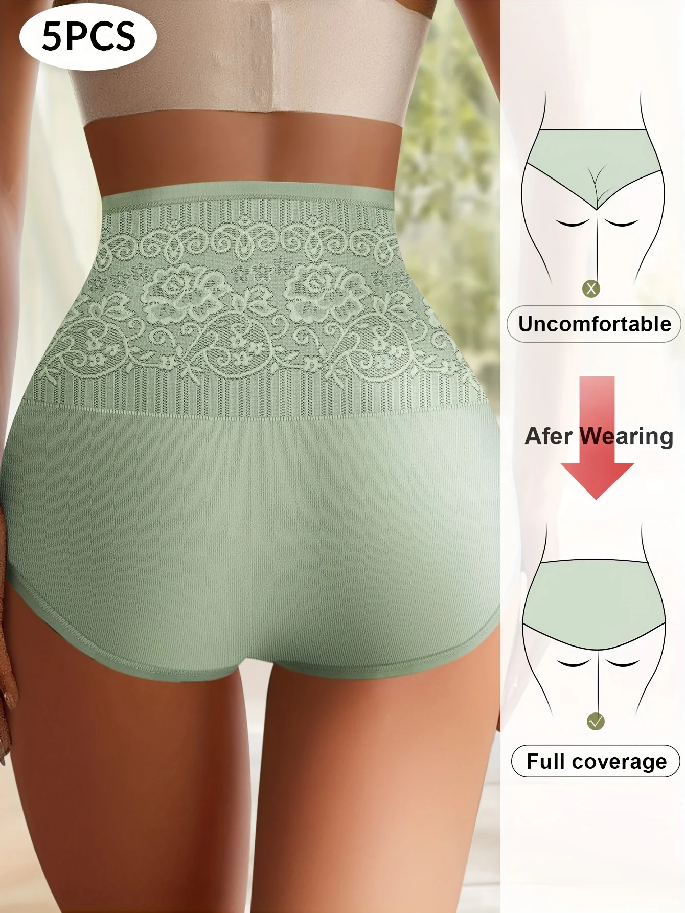High Waisted Tummy Tuck Women's Panties Jacquard Hip Hugging Briefs Drawstring Cotton Elastane Comfortable 5 Pairs Image 3