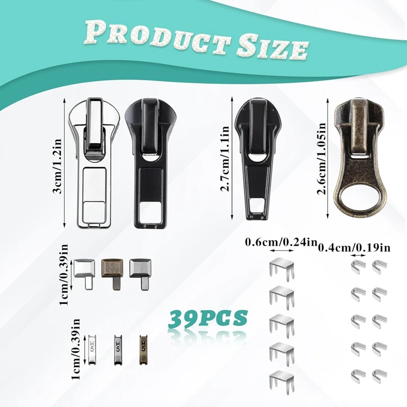 지퍼 수리 키트, 5 지퍼 교체 슬라이더 키트, 지퍼 풀 헤드 하단 정지 및 상단 정지 고정 지퍼
