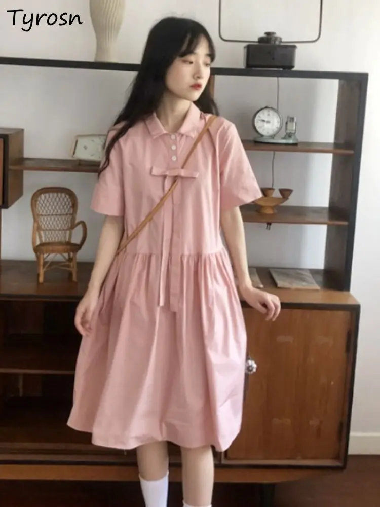 

Dresses Women Sweet Simple Solid Design Leisure Fashion Elegant All-match Loose Students Korean Style Summer Turn-down Collar