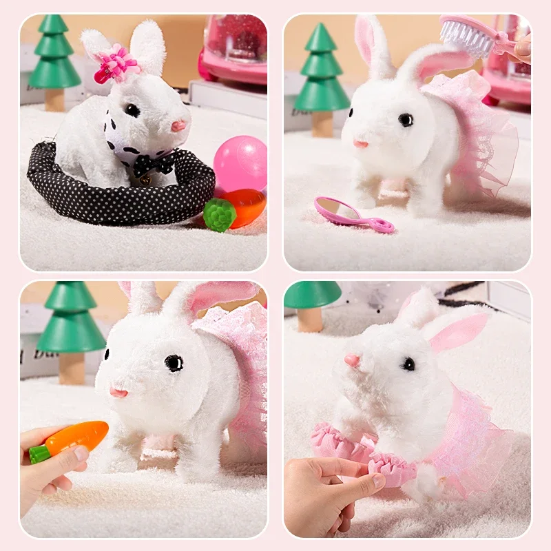 Children electric simulation bunny plush toy girl pet Cute white rabbit doll With Sound Animal DIY Change Clothes Game for kids 3