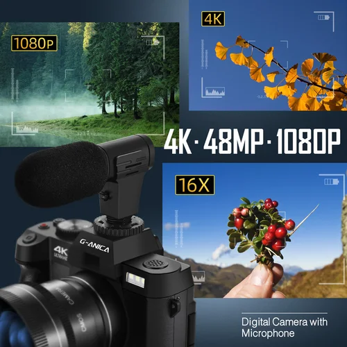 G-Anica 사진용 디지털 카메라, 4K 48MP 카메라, 마이크 포함, 3 색 필터 비디오 카메라, 광각 및 매크로 렌즈 포함 2