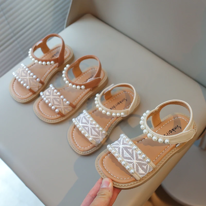 Girls Sandals Kids Summer Shoes Children's Beach Sandals with Pearls Princess Sweet Anti-slippery Open Toes Lace Chic Beading