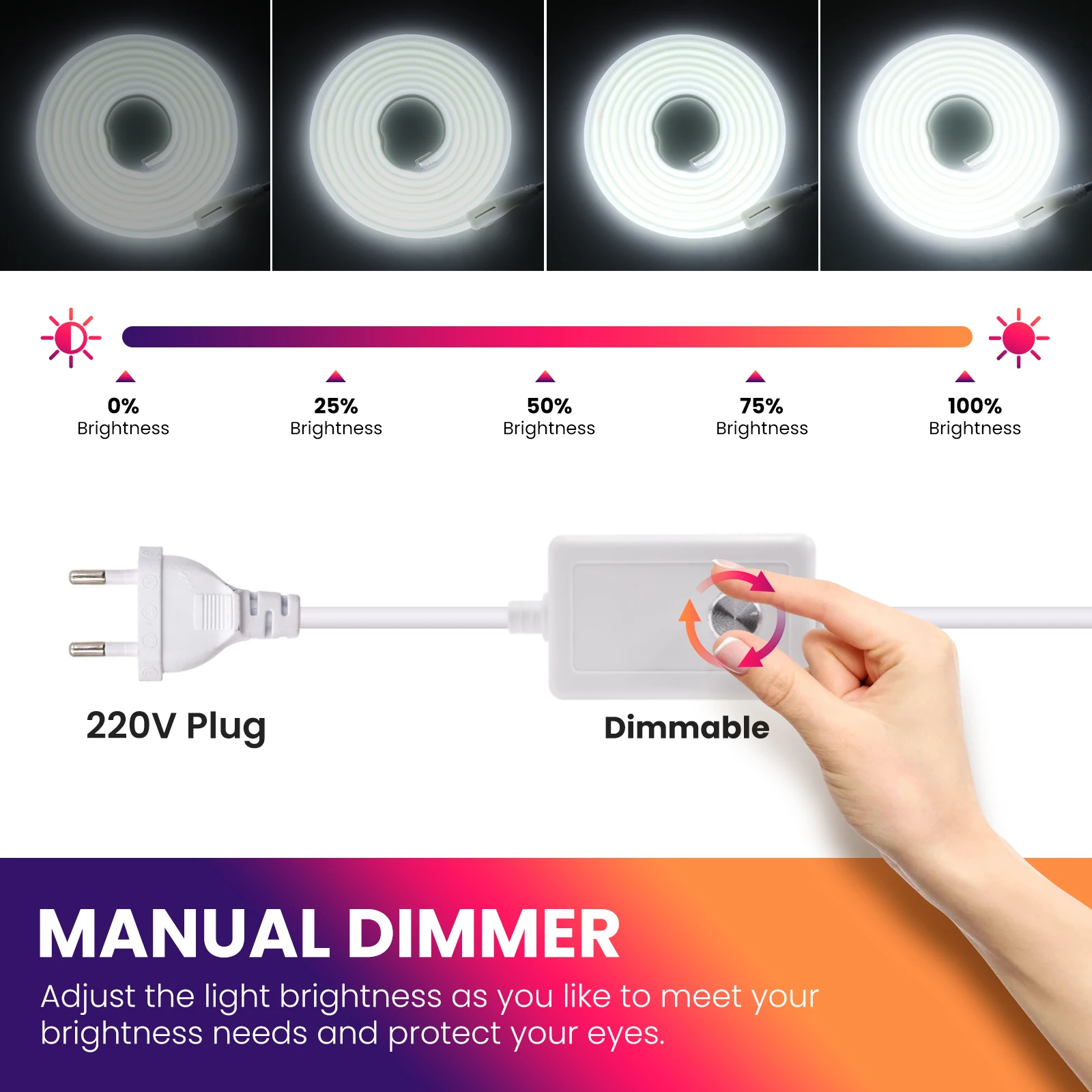 COB LED 스트립 220V 방수 고휘도 288LED/m LED 스트립 (스위치/디머 및 플러그 포함) 가정 정원 장 플렉시블 테이프