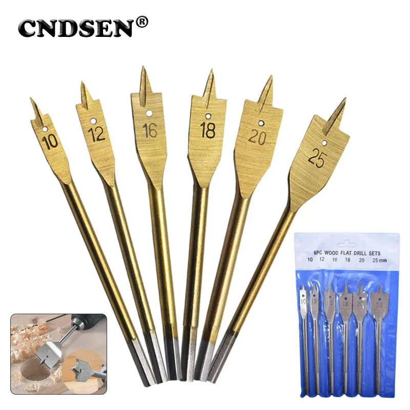 6Pcs/Set Titanium Coating Hex Shank Spade Bits Flat Boring Bit Wood Drill Bit  DIY Woodworking Tools Set 10 12 16 18 20 25mm