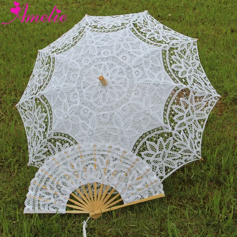 Handmade Bridal Battenburg Lace Parasol and Fan set Wedding Bride Umbrella