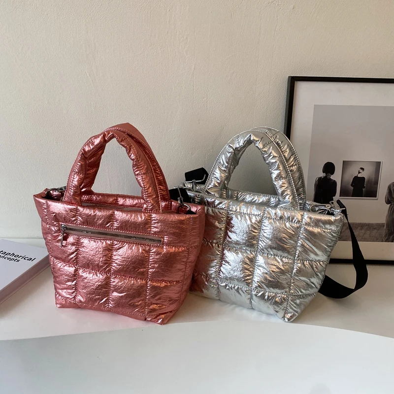 

Winter Plaid Quilted Space Padded Cotton Handbag Casual Women Nylon Cloth Shoulder Bag Large Capacity Commute Tote Bag Feminina