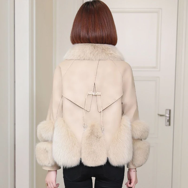 Faux Fox Fur Jacket for Women, Loose Mid-length Overcoat, PU Leather, Stitching, Warm Parka, Fashion, New, Winter, 2023