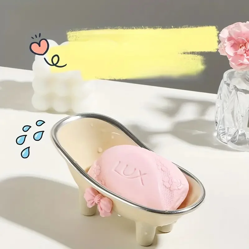 1Pc Cute Plastic Bathroom Soap Dish - Bowknot Design Soap Holder with Creative Drainage - Bathroom Accessories Tray 5