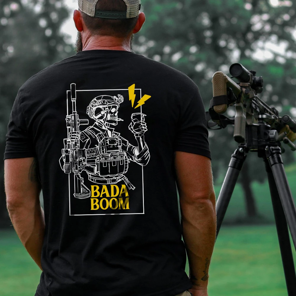 Military Style T Shirt Bada Boom Skull Round Neck Short Sleeve Tough Guy Clothing Summer Tactical Streetwear Top sports shirt printed t shirt