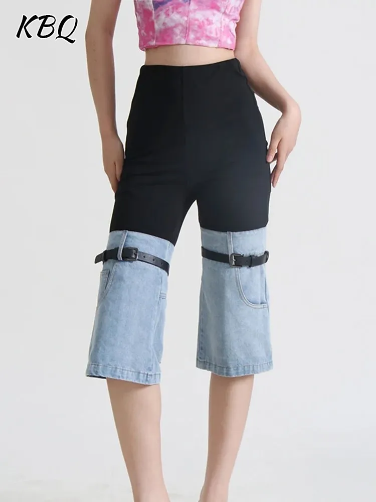 

KBQ Chic Patchwork Denim Knee Length Pant For Women High Waist Spliced Belt Slimming Colorblock Casual Jeans Female Fashion New