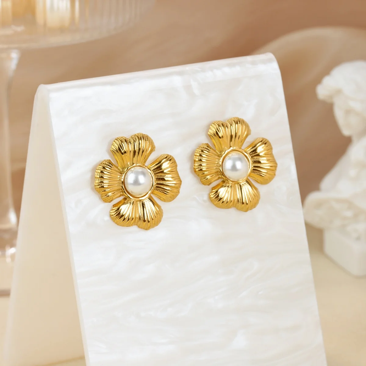 316L Stainless Steel Golden Flower Geometric Ellipse Earrings For Women