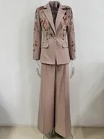 HIGH STREET Newest Fashion Designer Runway Suit Set Women's 3D Flowers Beaded Blazer Wide Leg Pants Set - Image 2