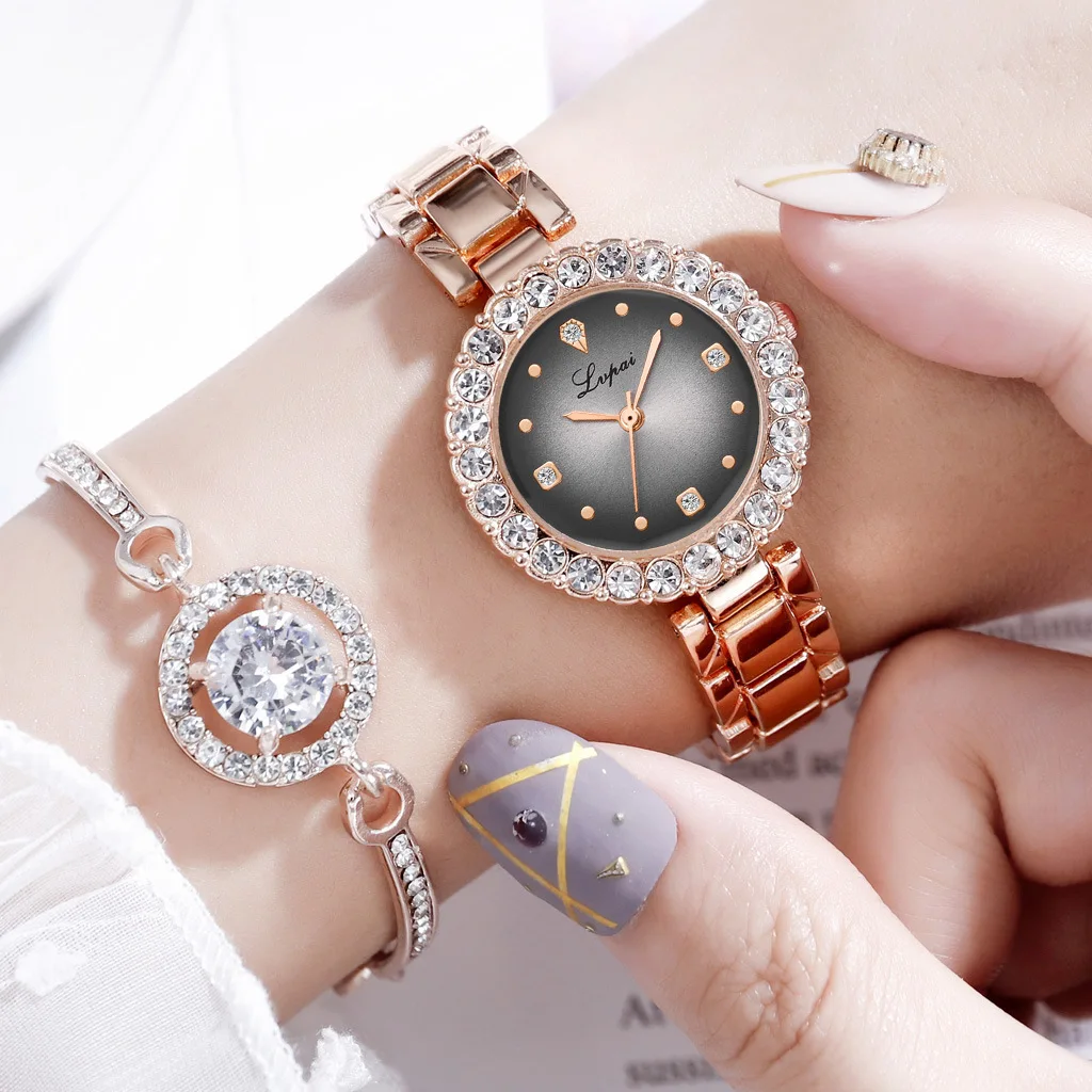 

New Set Bracelet Watch Two Piece Metal Strap with Diamonds Watchs for Women Classic Gold Watch Woman Watch