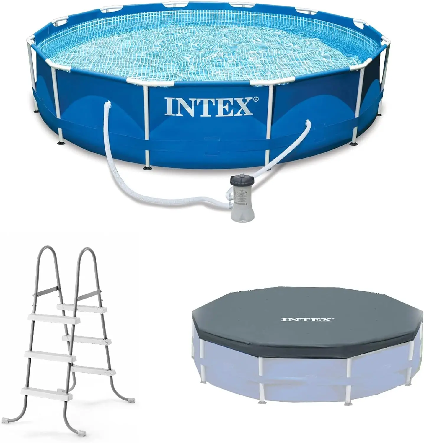 

Intex 12' x 30" Round Metal Frame Outdoor Above Ground Swimming Pool Set with Pump, Cartridges, 42 Inch Steel Pool Ladder