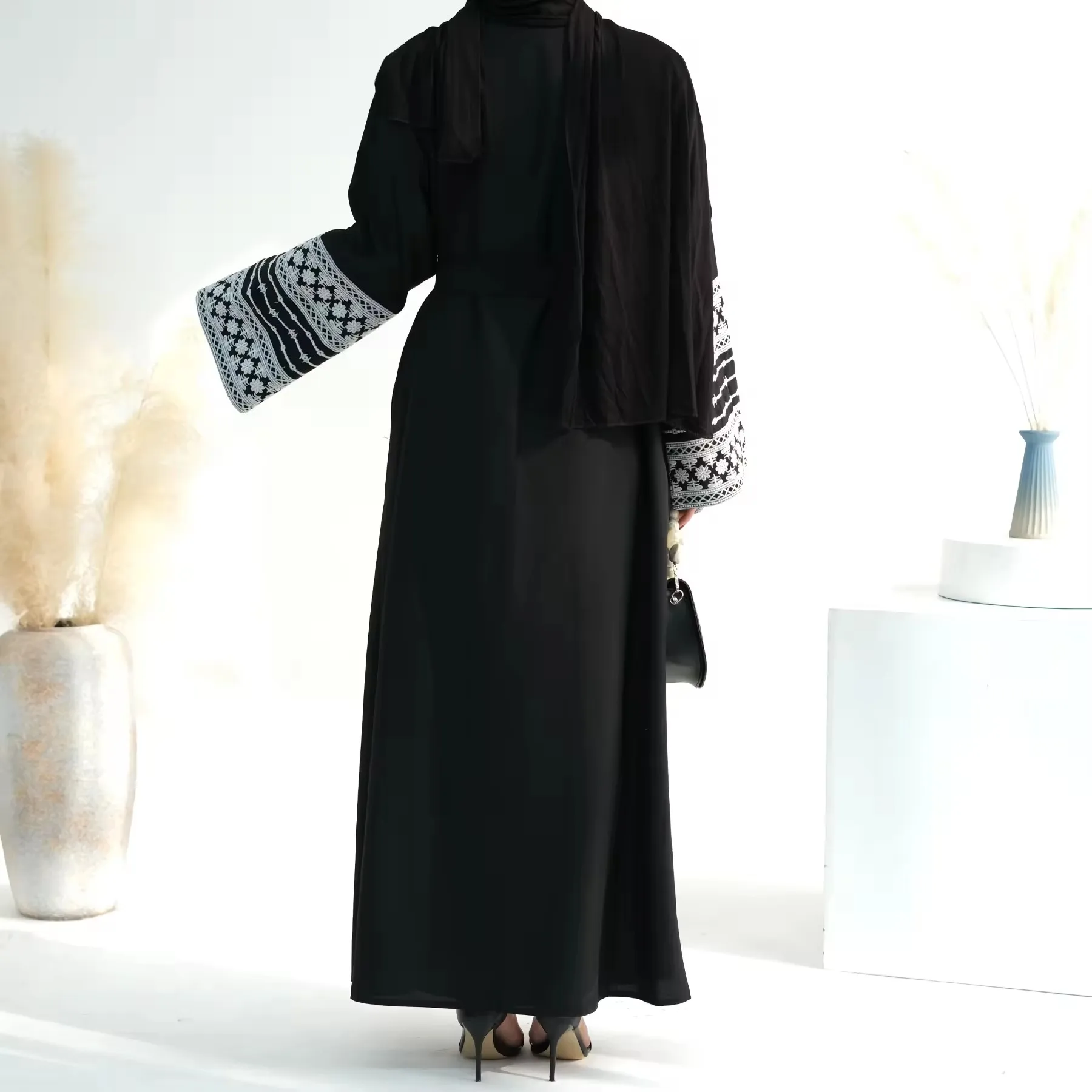 여성용 Eid 자수 무슬림 아바야, 라마단 원피스 모로코 레이스업 아바야스 카프탄 이슬람 가디건, 두바이 아랍 롱 로브 2024