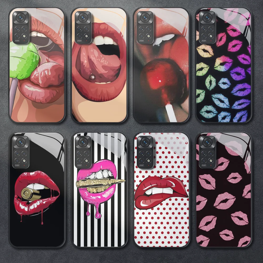 

Fashion Lips Kiss Art Sexy Tempered Glass Phone Case For Xiaomi Redmi Note 8 9 10 11 12 13 Pro Plus Bumper Cover
