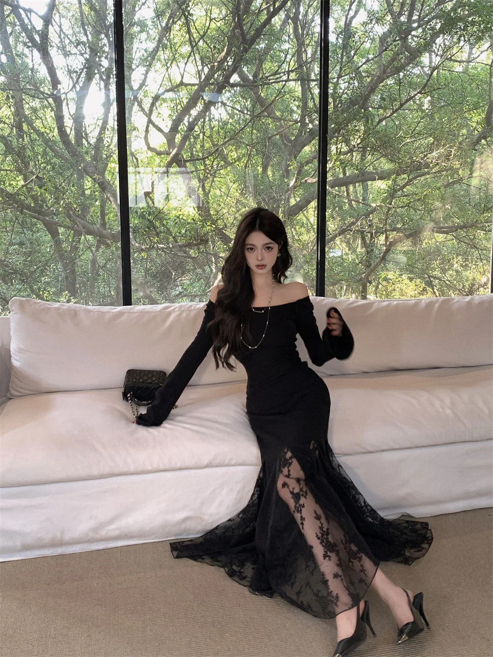 New Spring Summer Vintage Bodycon Solid Chic Women Black Dress Elegant Slim Lace Patchwork Party Prom Vestidos Female Clothes