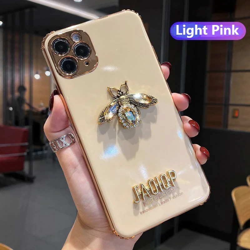 Luxury Glitter Rhinestone Bee Phone Case For iPhone 11 12 13 14 15 16 ProMax Plating Silicone Bling For iphone16plus soft Cover
