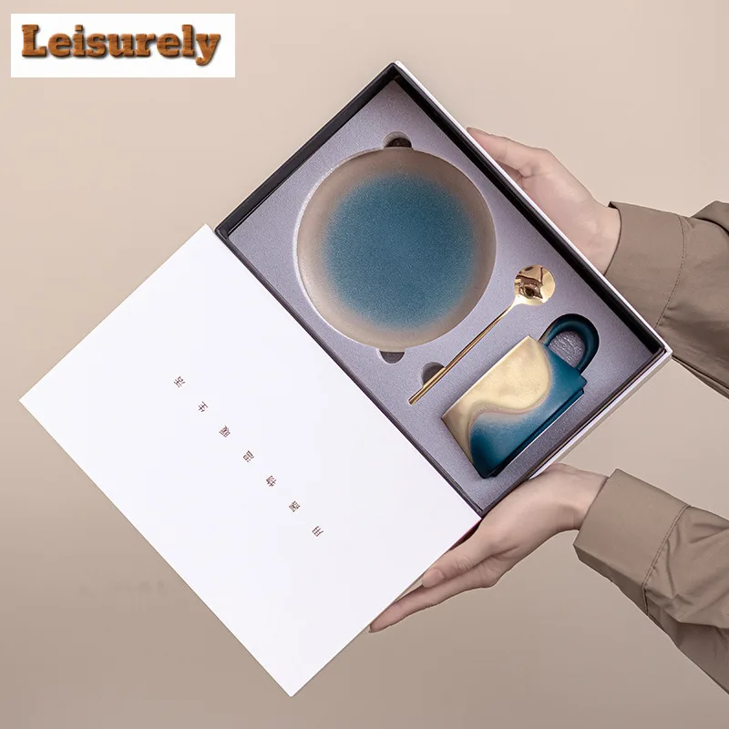 240ml Gradual Change Color Hills Coffee Mug with Plate Elegant Beer Cup Afternoon Tea Mug Cup Saucer Kit Drinkware Decoration