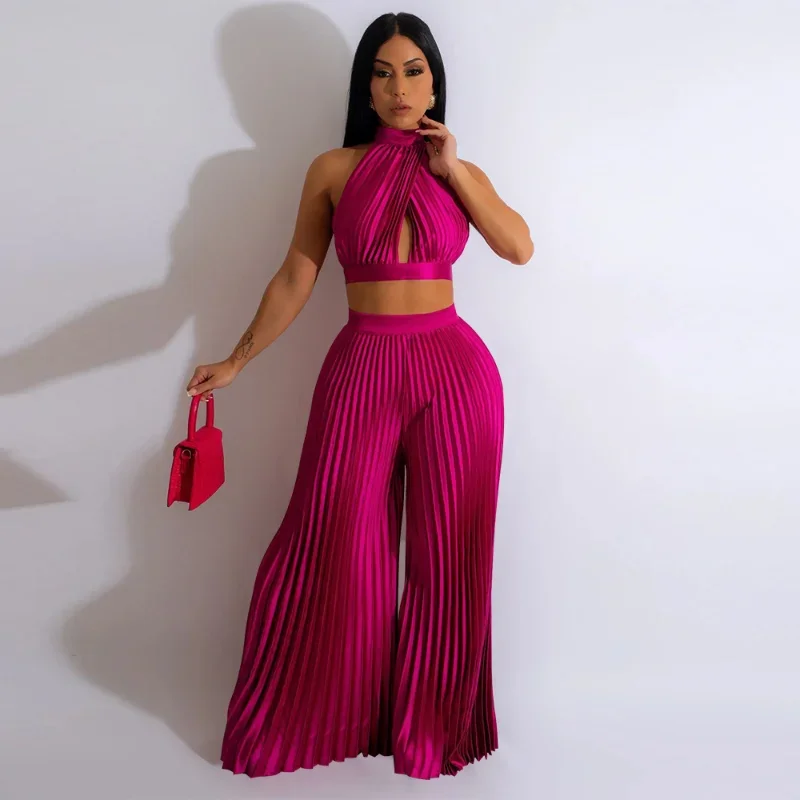 

WUHE Satin Pleated Two Peice Set Women Matching Sets Club Party Halter Backless Crop Top and Wide Leg Pants Birthday Outfits