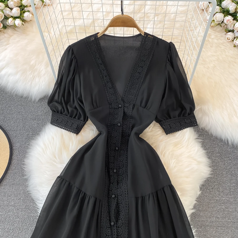 New Women Vintage Party Dress Summer Puff Sleeve Sexy V Neck Lace Single-breasted Long Dresses Ladies A Line Elegant Long Robe