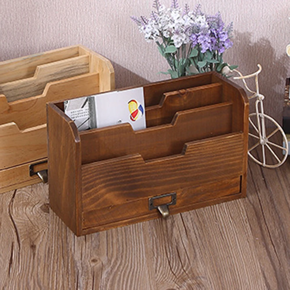1PC Retro Wooden Desktop Drawer Style Storage Box Office Supplies Document Organizer Wood Box for Desktop Clutter Control 4