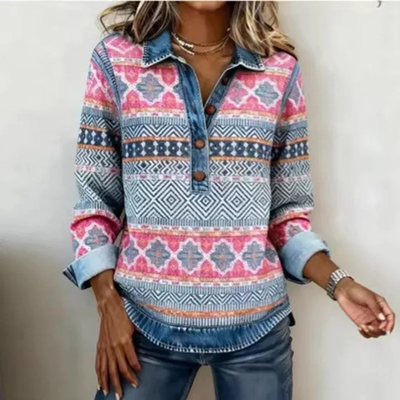 Frühling Retro Kontrast Farbe Frau Sweatshirt Elegante drehen-unten Kragen Taste Tops Pullover Herbst Lange Hülse Lose Hoodie Mujer – Detail 13