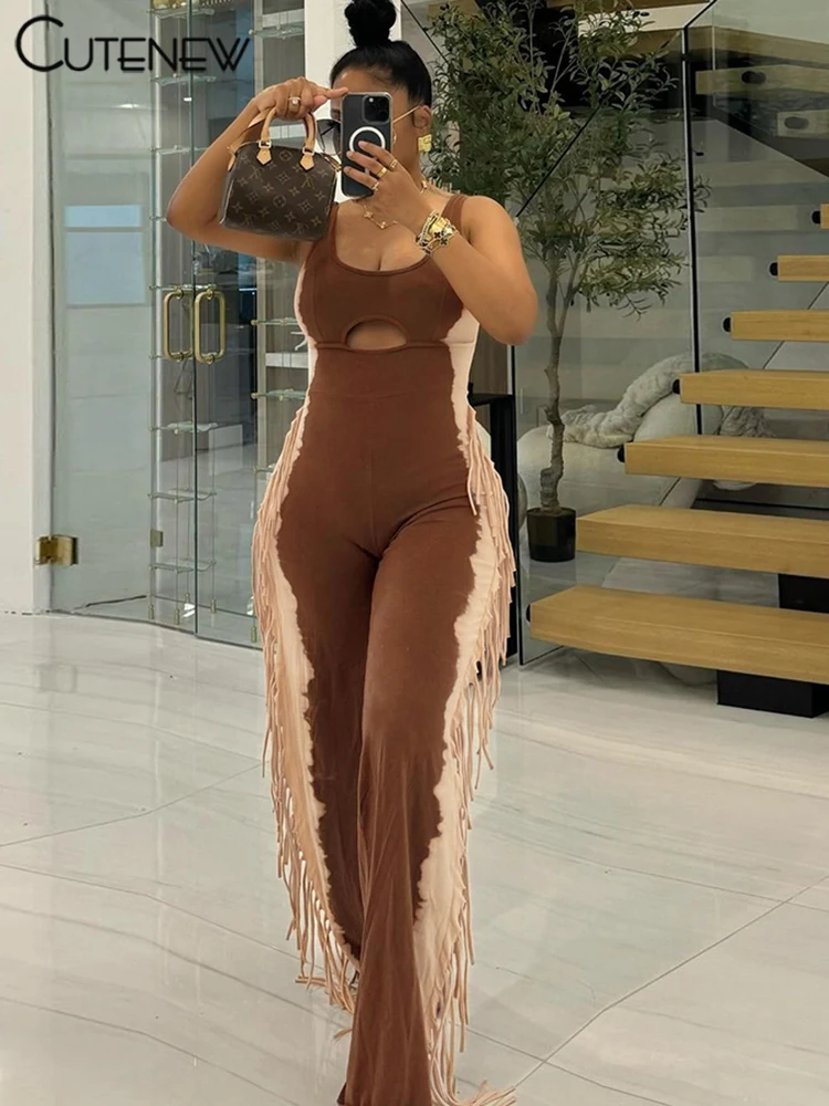 Panelled Casual Women Jumpsuits Summer Hipster Chic Tassel Sport U-neck Tank Hollow Slim Overalls Mujer Street One Piece
