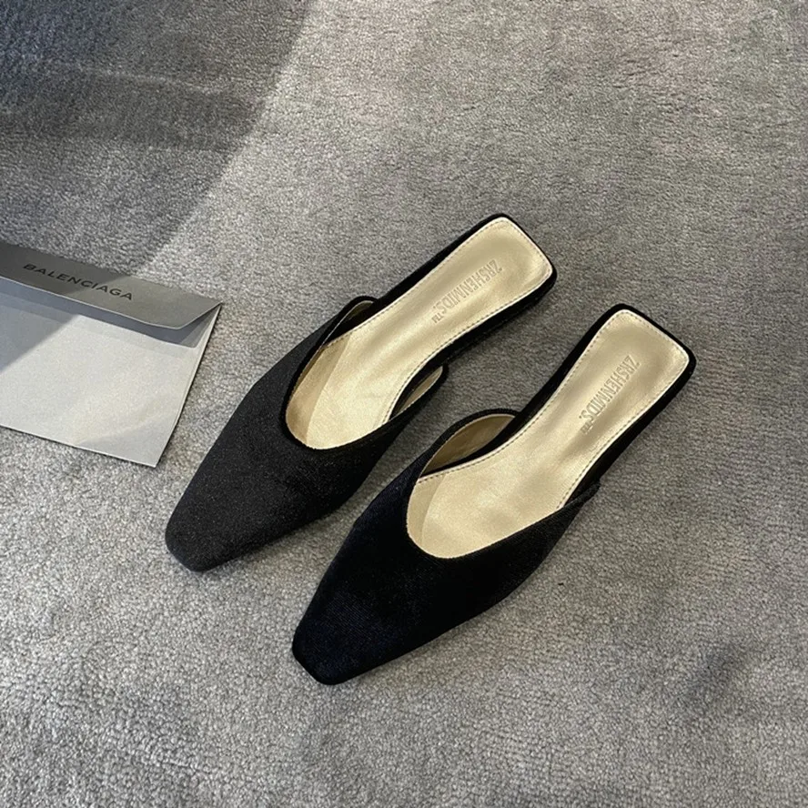 

Withered French Retro Fashion Suede Pointed Toe Mule Shoes Leather Slippers Feminine Women's Shoes Simple Sandals and Slippers