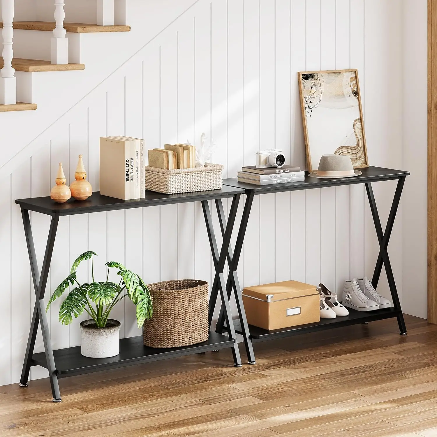 Narrow Console Table, Wood Sofa Table with Shelf, Metal Frame, 2-Tier Industrial Entryway Table For Living Room, 80*30*81cm