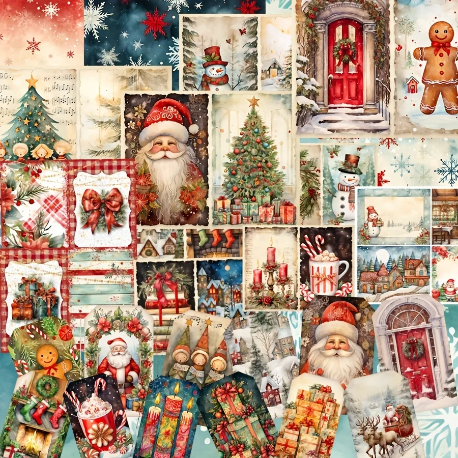 96pcs Card and Sticker Classic Christmas Santa Claus Snowman Xmas Tree Patterns Holiday Party Flag Scrapbook