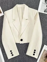 Women's Cropped Blazers Office Lady OL Suit Jacket Long Sleeve Fashion Korean Solid White Simple Single-button Outwear Teens